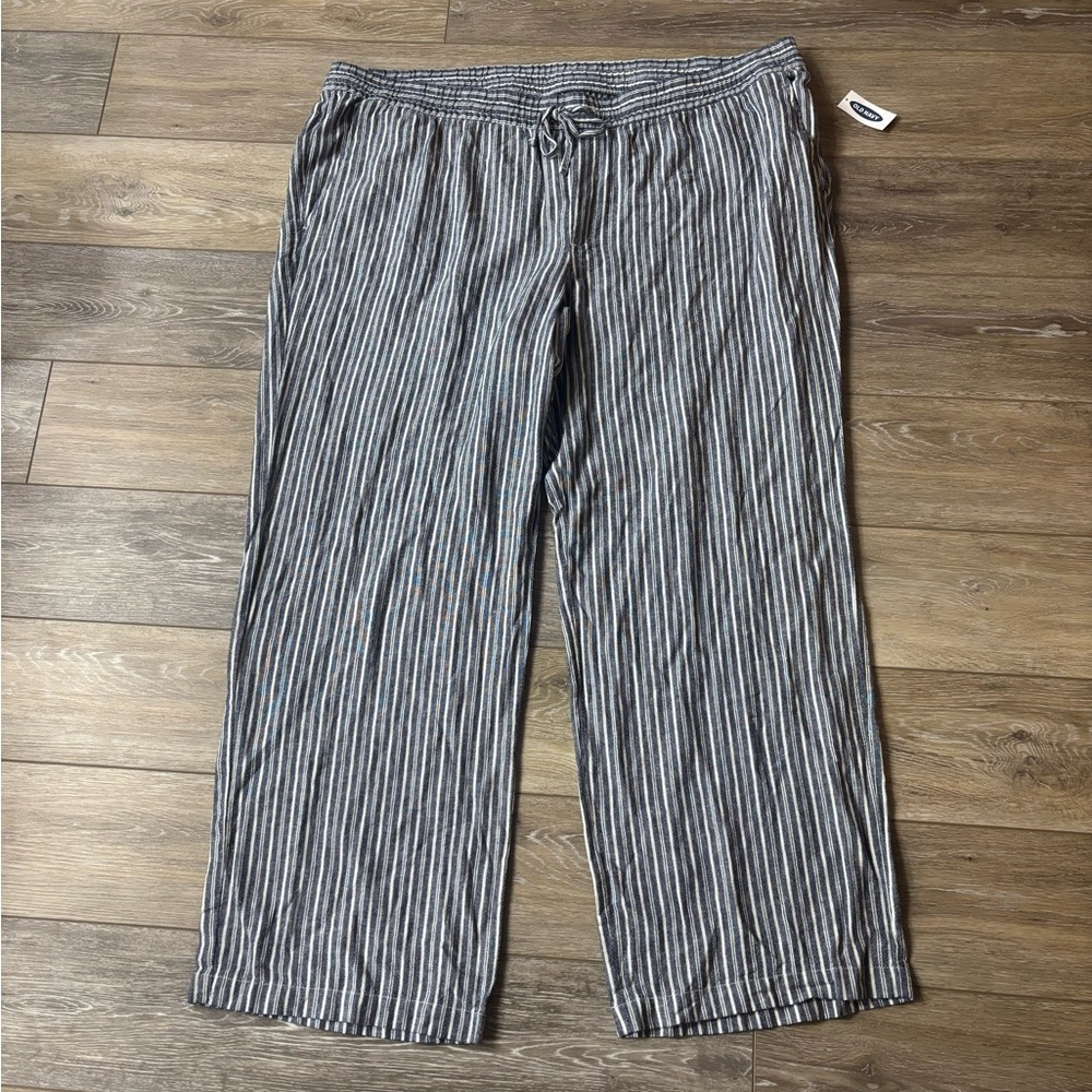 Old Navy Pants Sz XXL Striped High-Waist Linen Blend Wide Leg Beach Coastal NWT